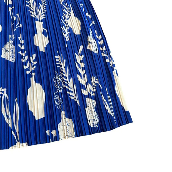 Leo & Ugo Royal Blue Bold Print Midi Dress Sleeveless Stretch Pleated Size Small - Picture 4 of 11